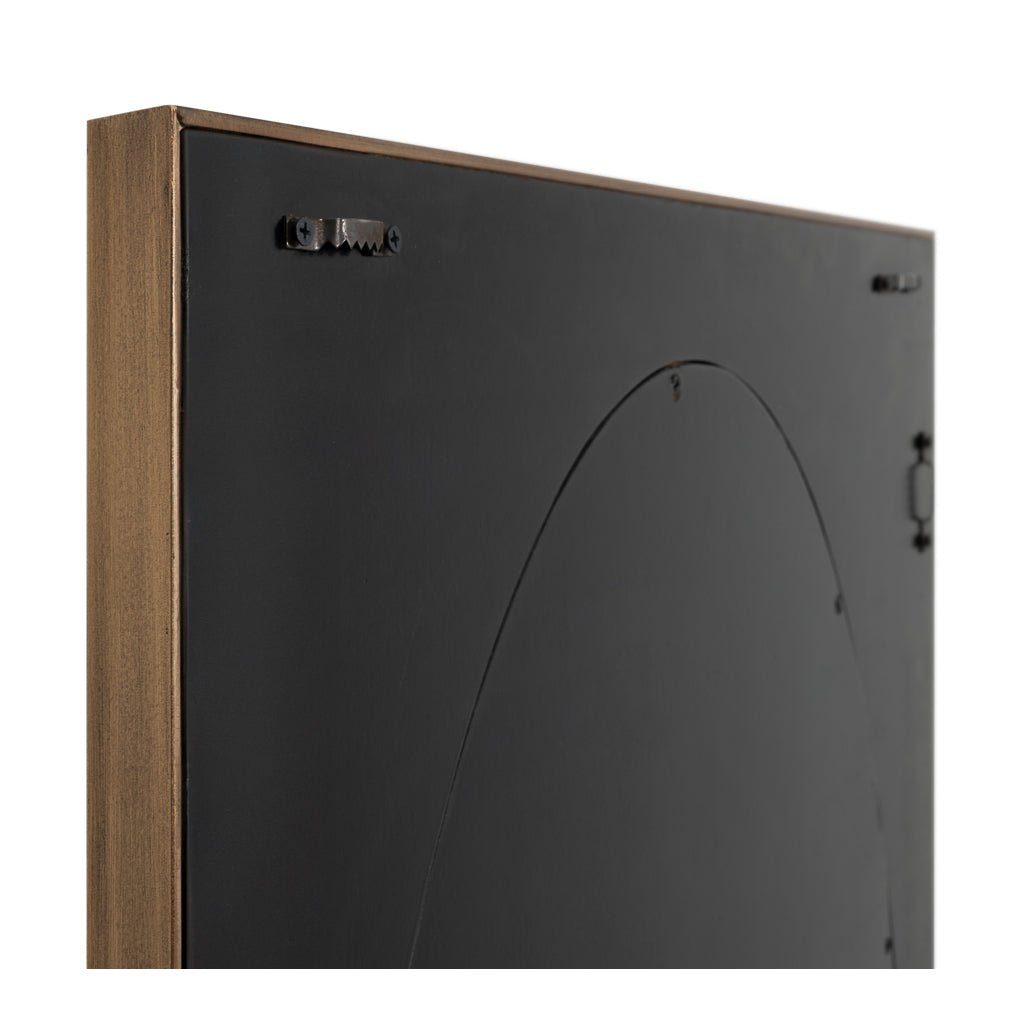 Back of leather mirror with mounting hardware.