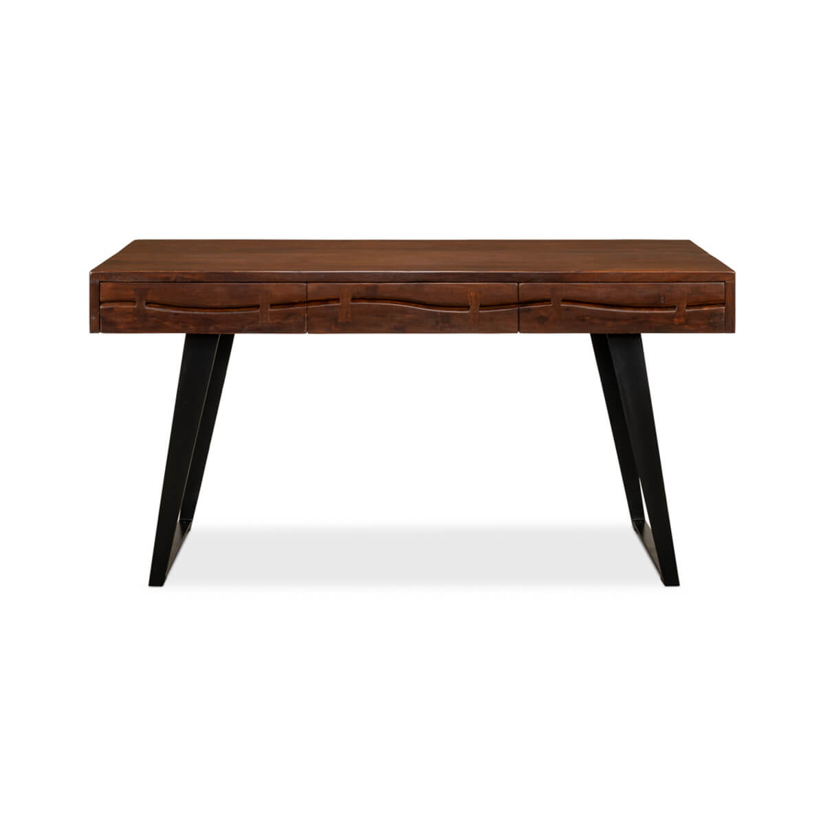 Front view of mid-century desk, wooden top, metal legs.