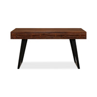 Front view of mid-century desk, wooden top, metal legs.