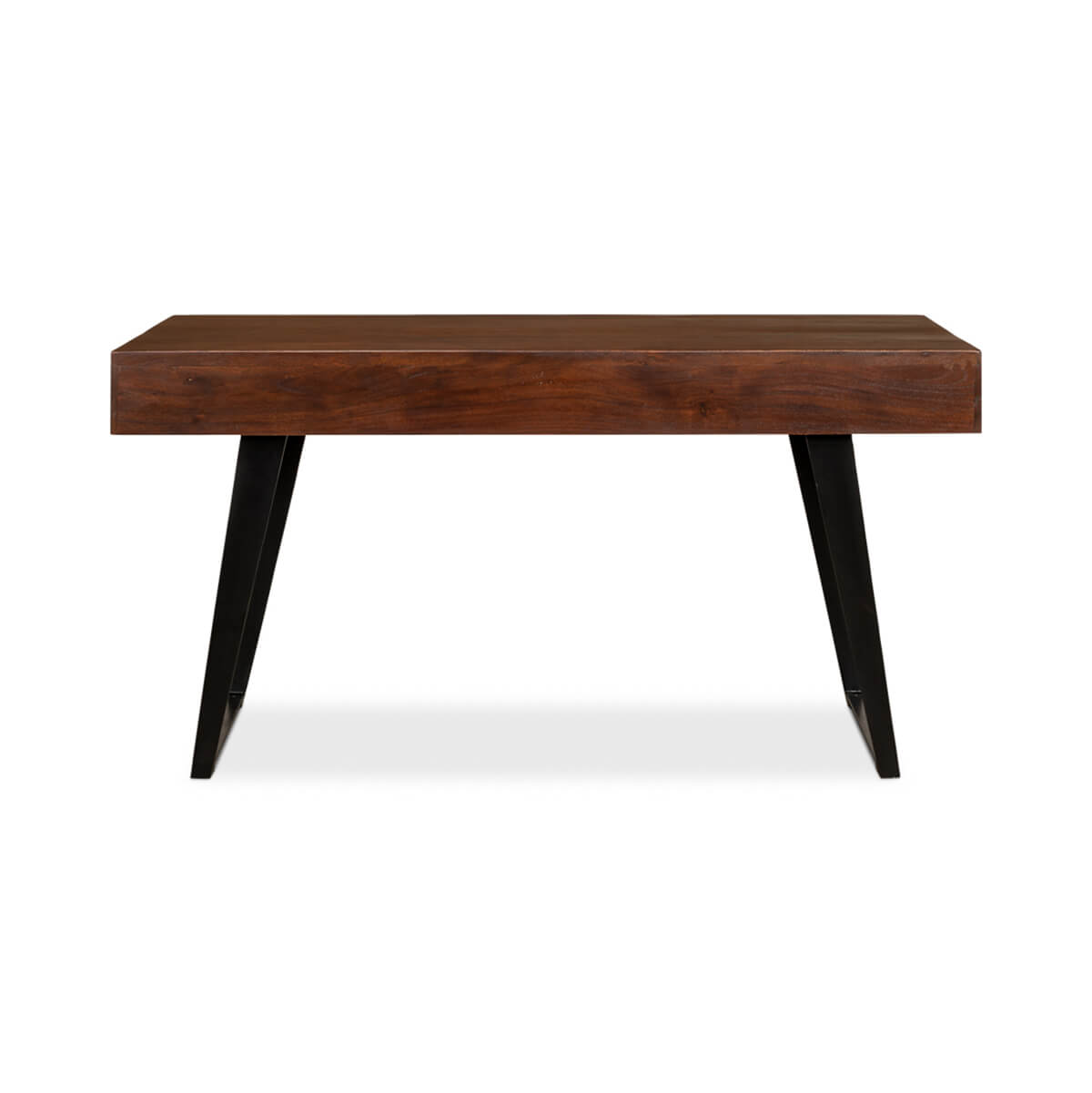 Rear view of mid-century desk, wooden top, metal legs.