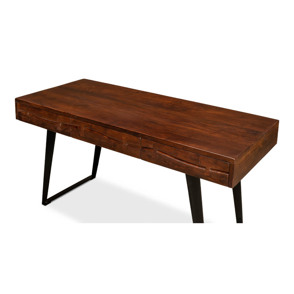Angled top view of mid-century desk, wooden surface.