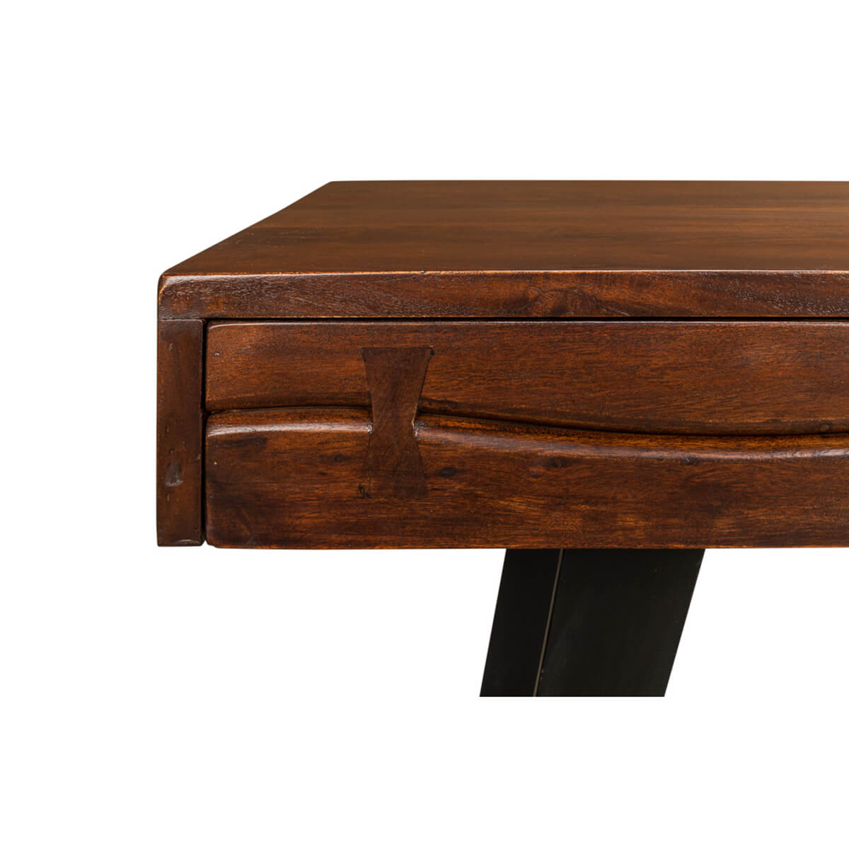 Close-up of mid-century desk drawer corner, wooden details.