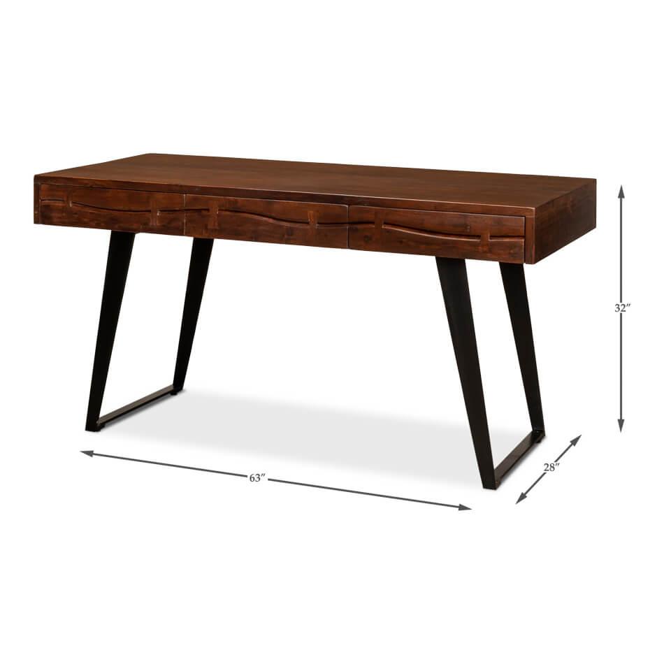 Mid-century desk dimensions, wooden top, metal legs shown.