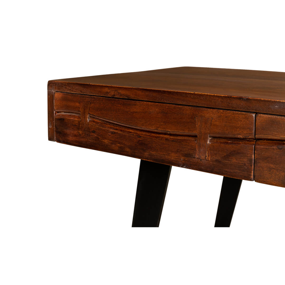 Detail of mid-century desk drawer, wooden texture, metal legs.