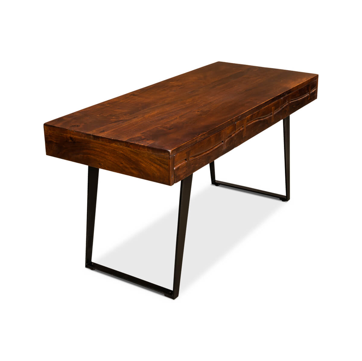 Angled rear view of mid-century desk, wooden top, metal legs.