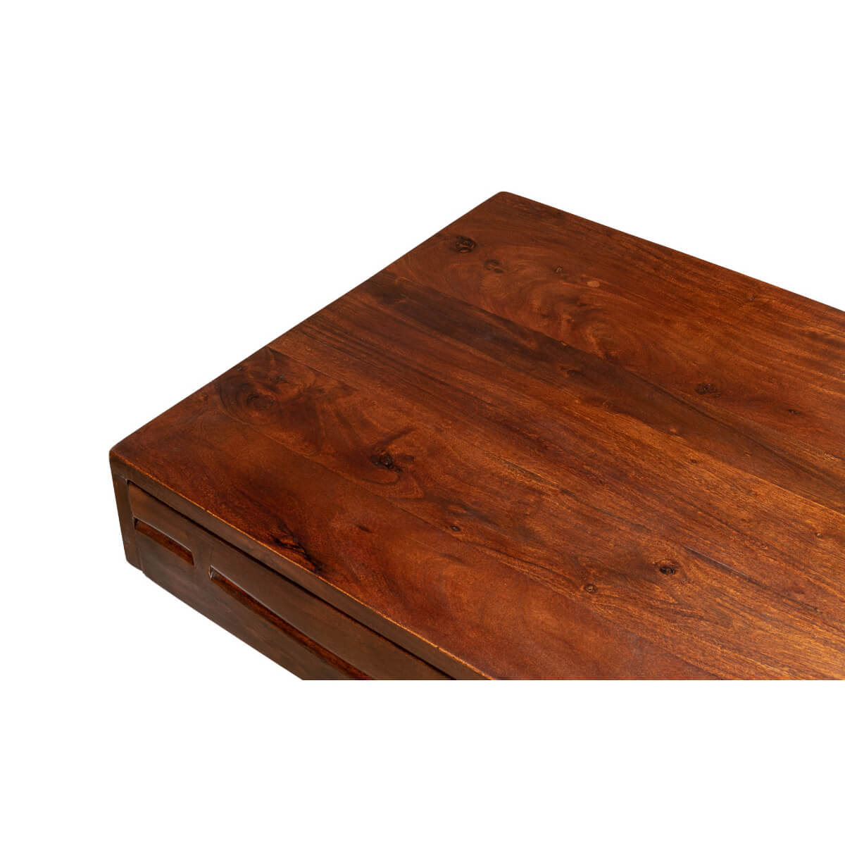 Close-up of mid-century desk's wooden top surface.
