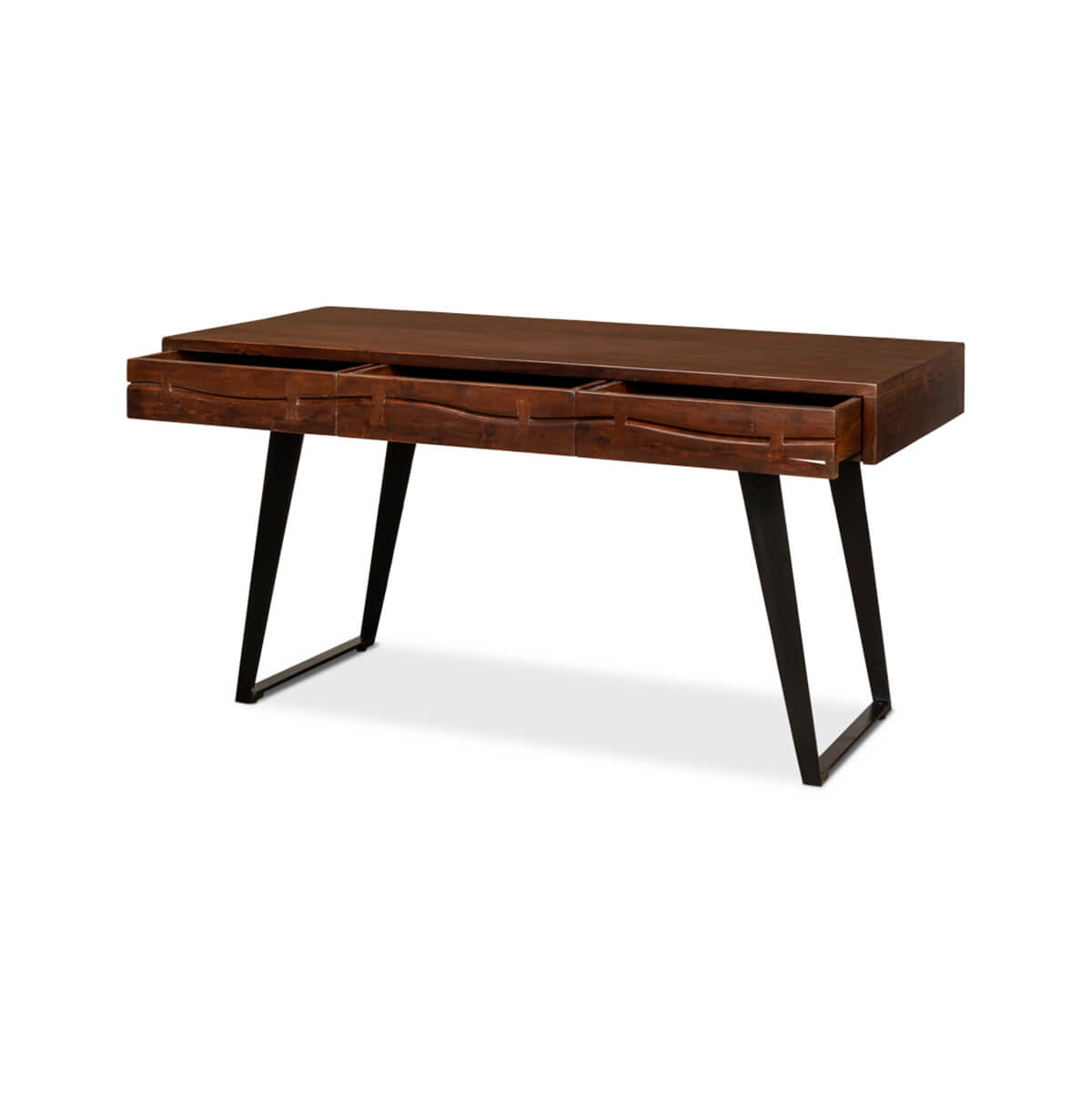 Mid-century desk with open drawers, wooden top, metal legs.