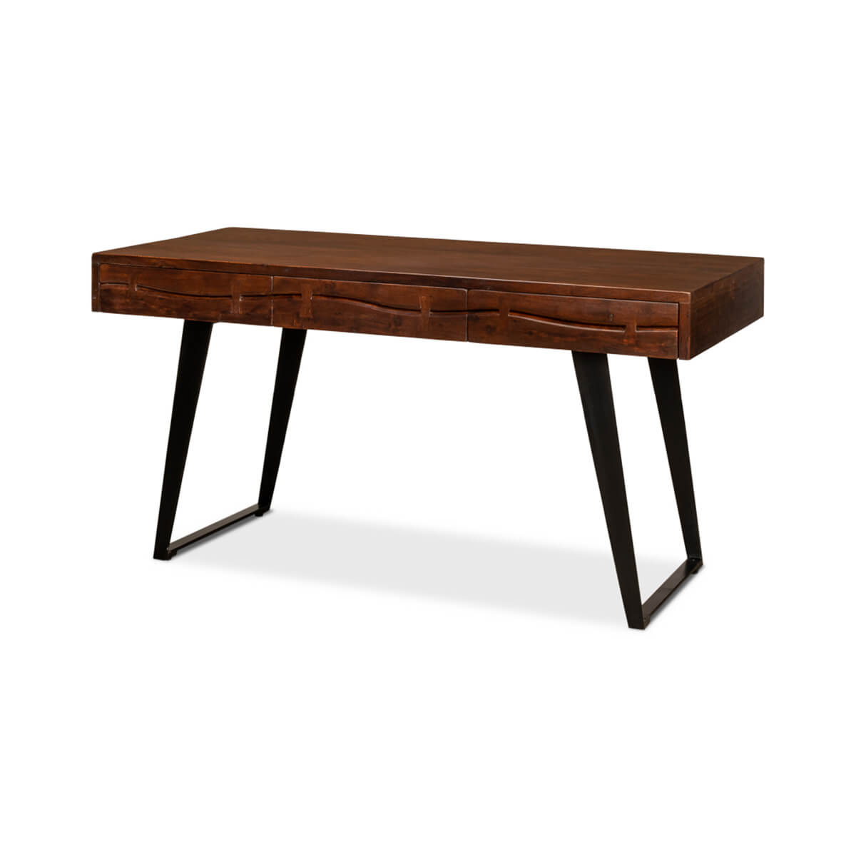 Mid-century desk angled view, wooden top, metal legs.