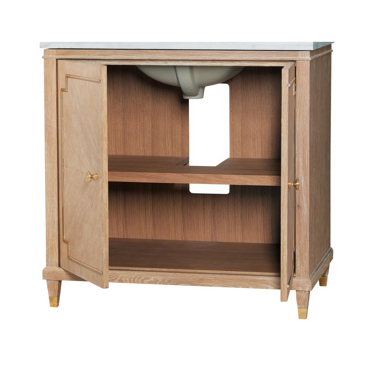 Inside view of open Mid Century Oak Bathroom Vanity doors.