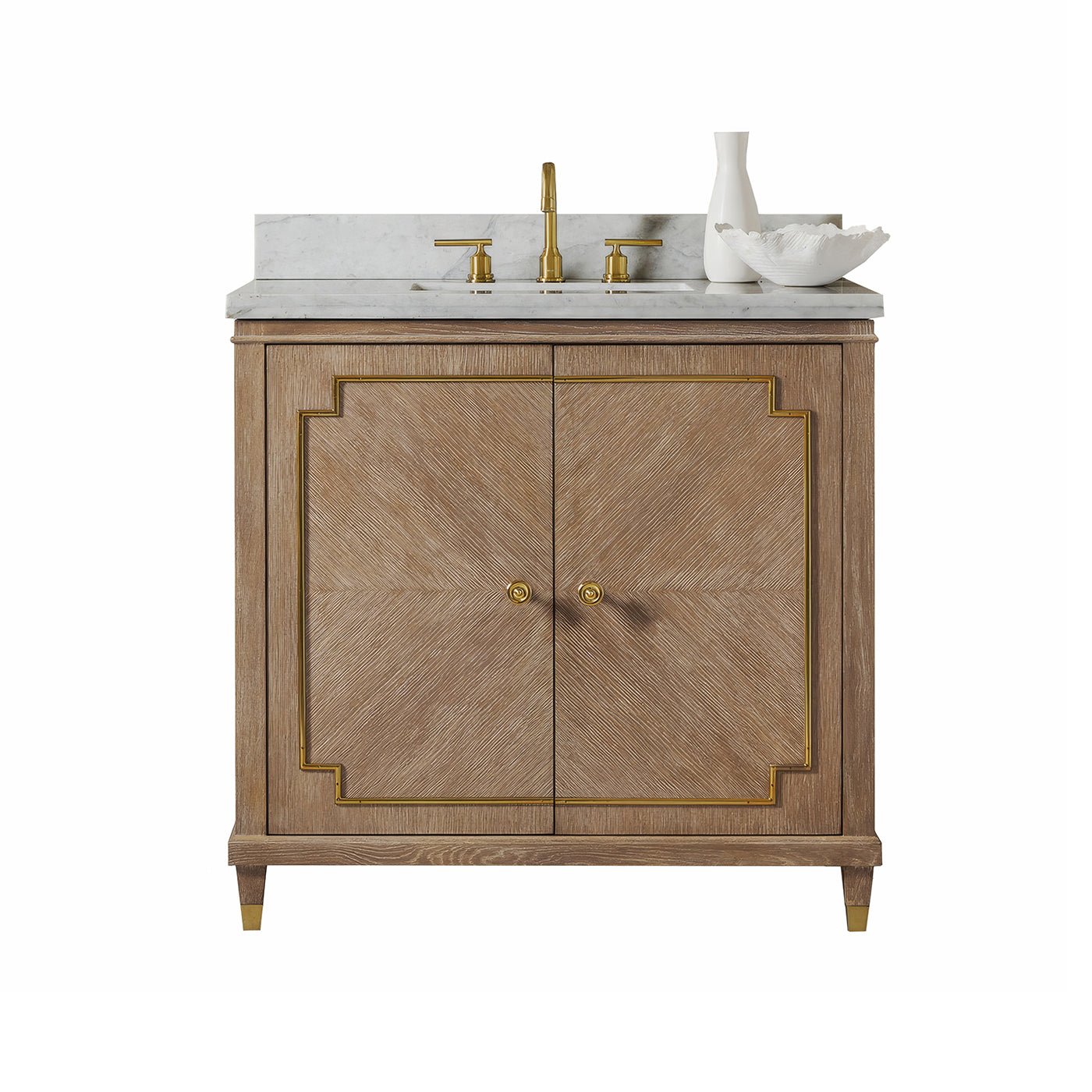 Mid Century Oak Bathroom Vanity front view with sink.