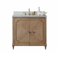 Mid Century Oak Bathroom Vanity front view with sink.