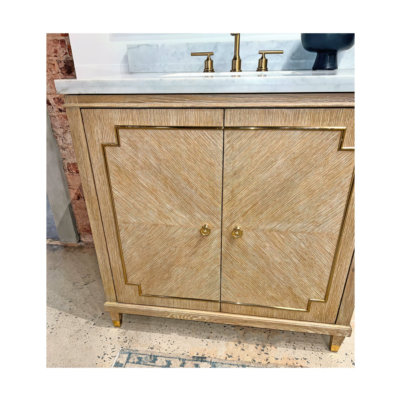 Front detail of Mid Century Oak Vanity cabinet doors.