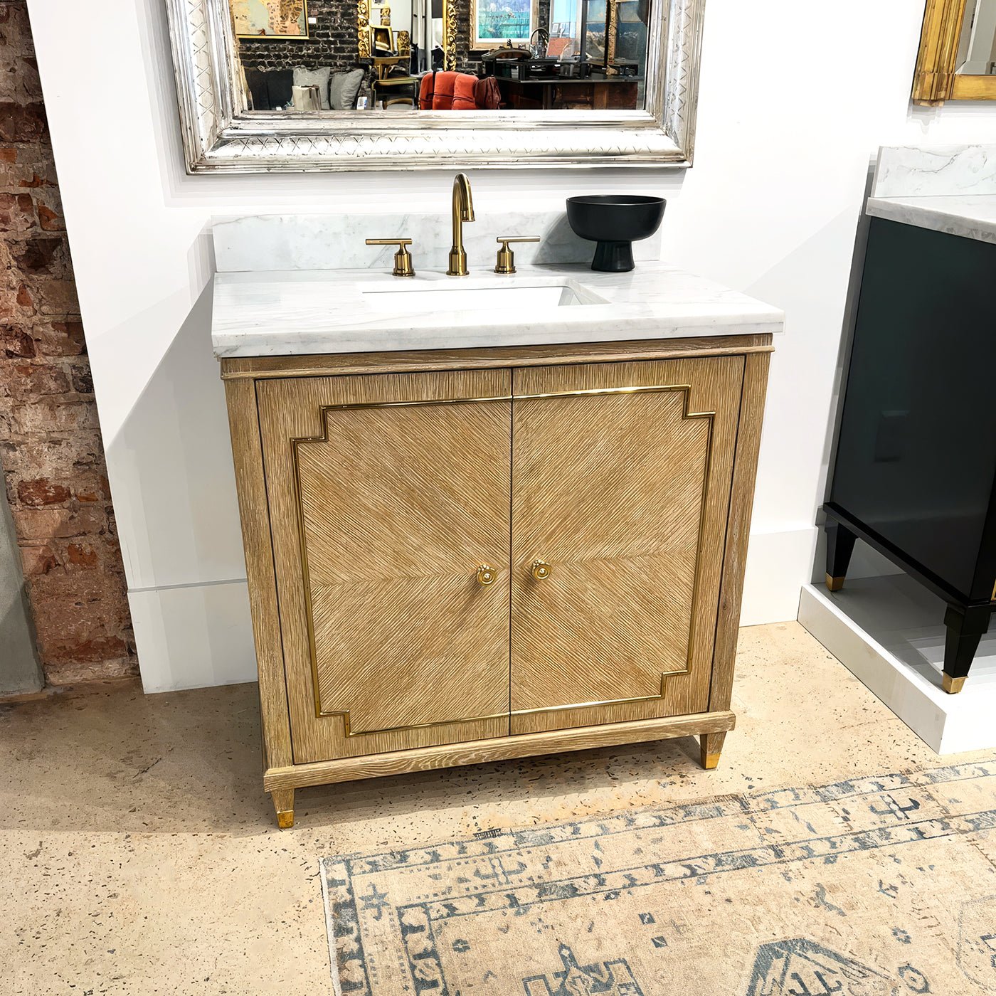 Bathroom display showing Mid Century Oak Vanity with mirror.