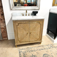 Bathroom display showing Mid Century Oak Vanity with mirror.