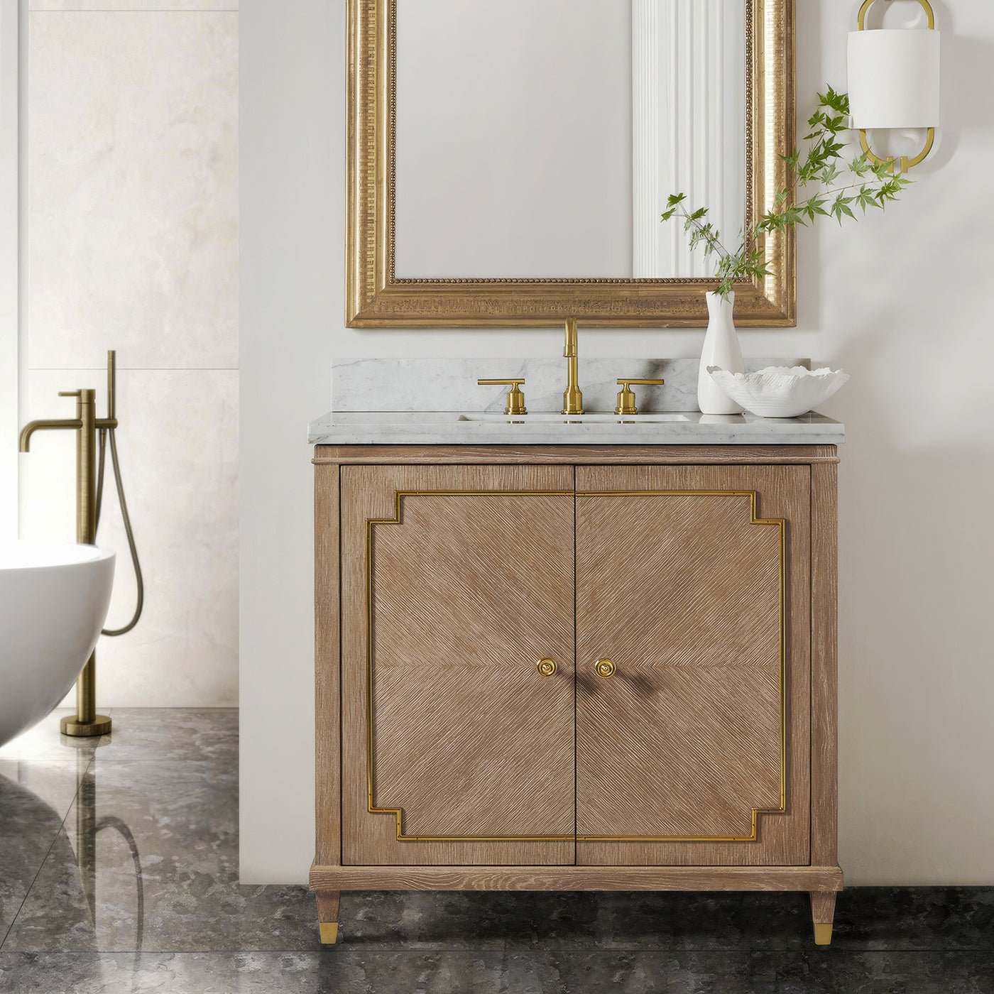 Mid Century Oak Bathroom Vanity in bathroom setting with mirror.