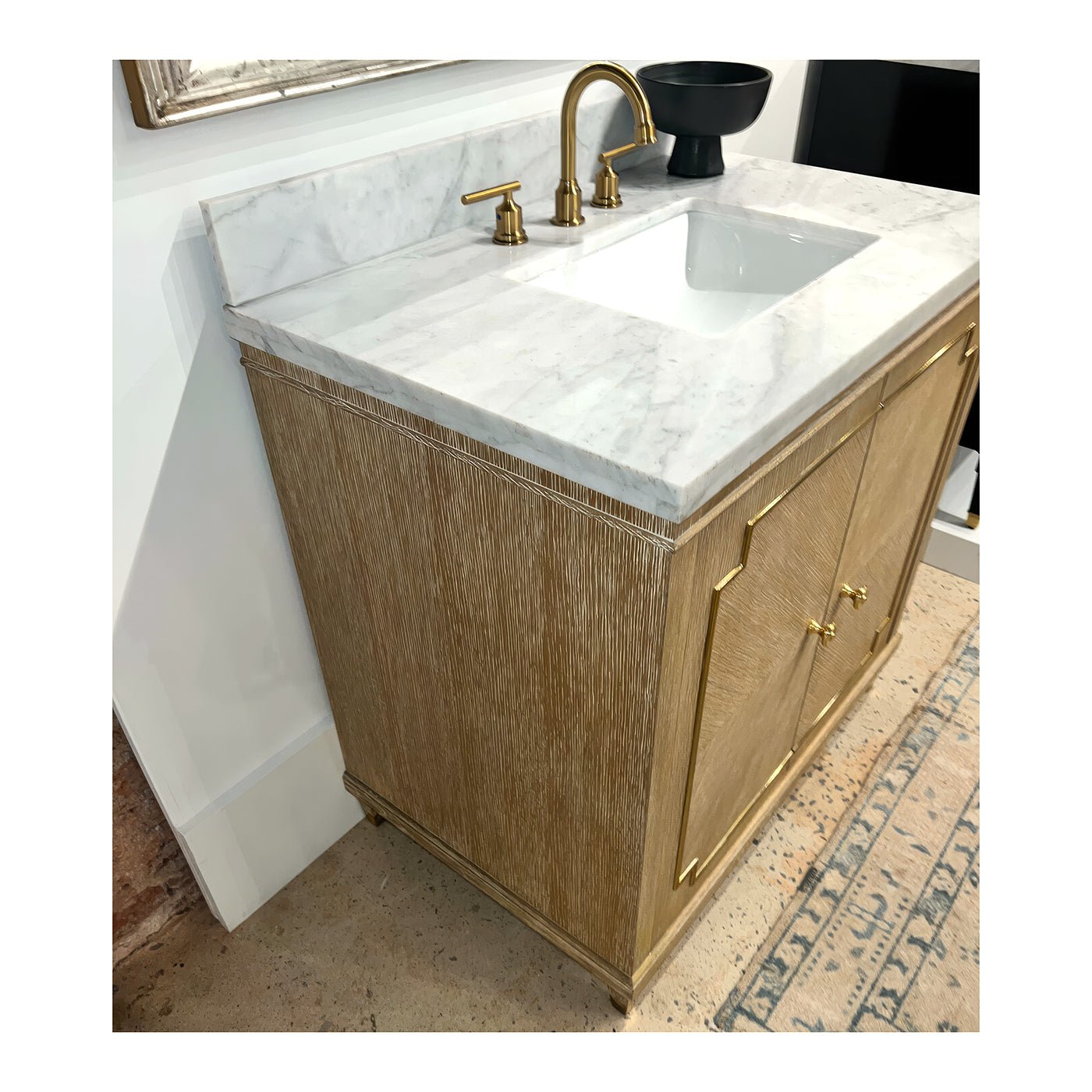 Mid Century Oak Vanity side angle, showing sink and countertop.