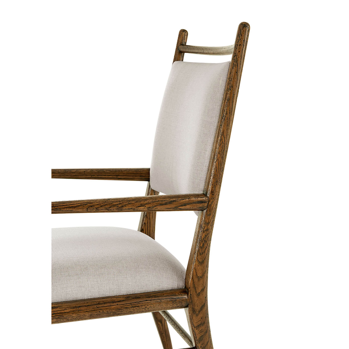 Close-up oak armchair backrest, side detail.