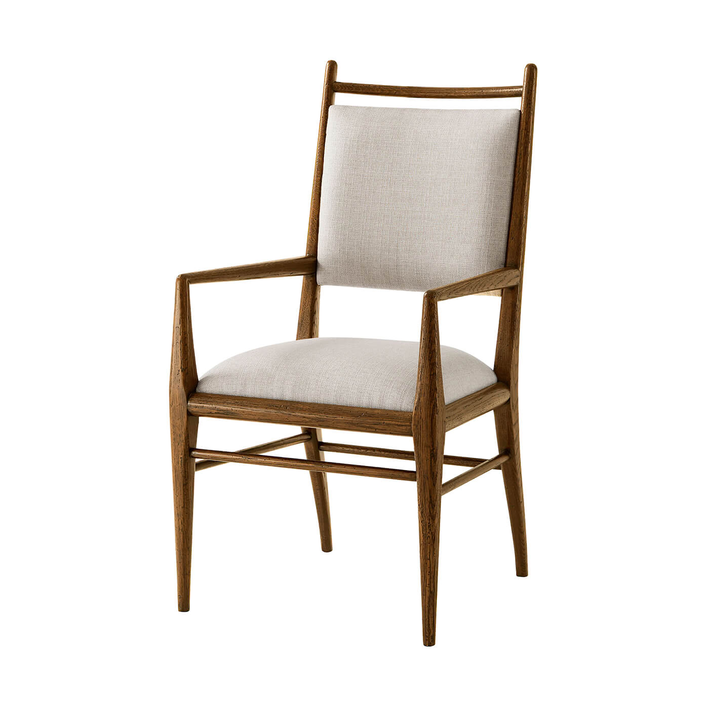 Single oak dining armchair, front angle focus.