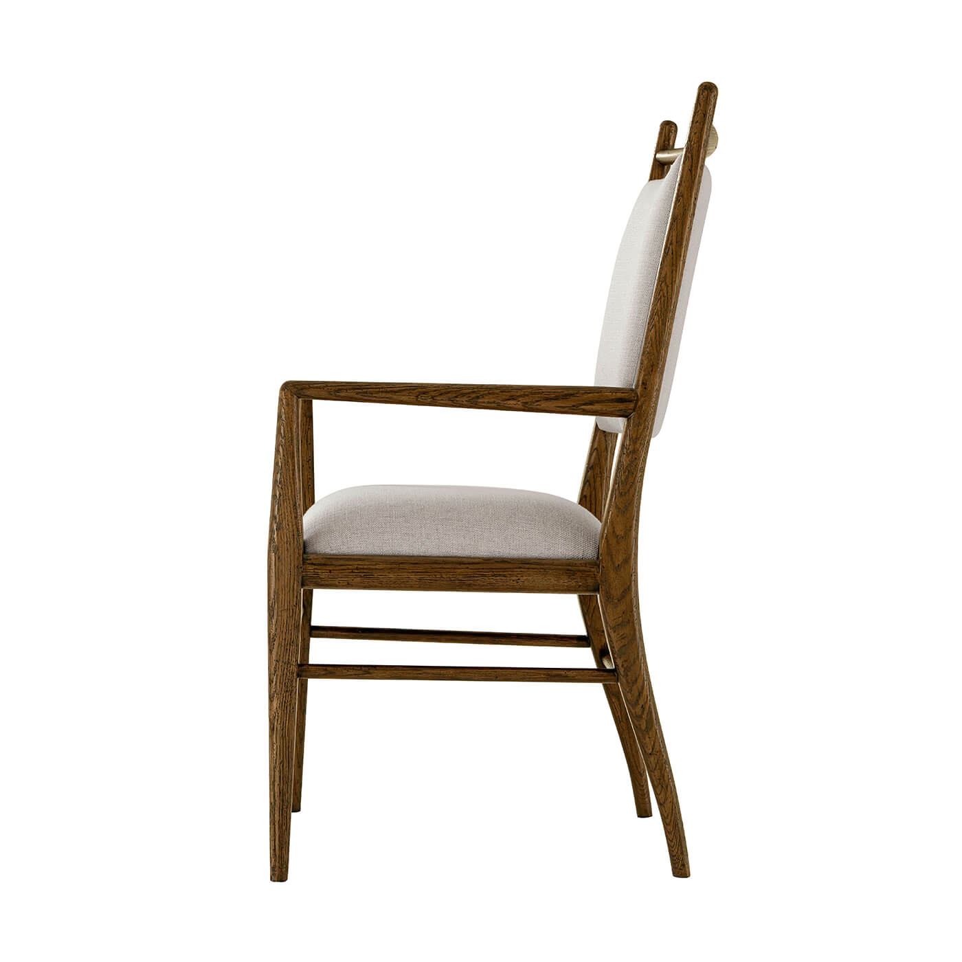 Oak dining armchair, side profile view.