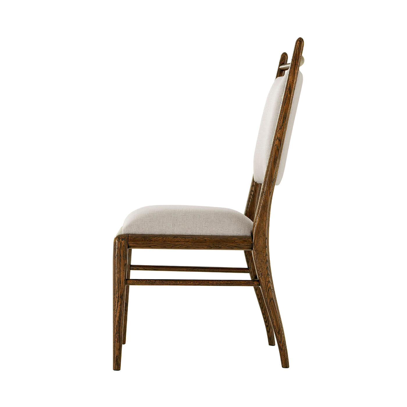 Side profile of dark oak dining chair.