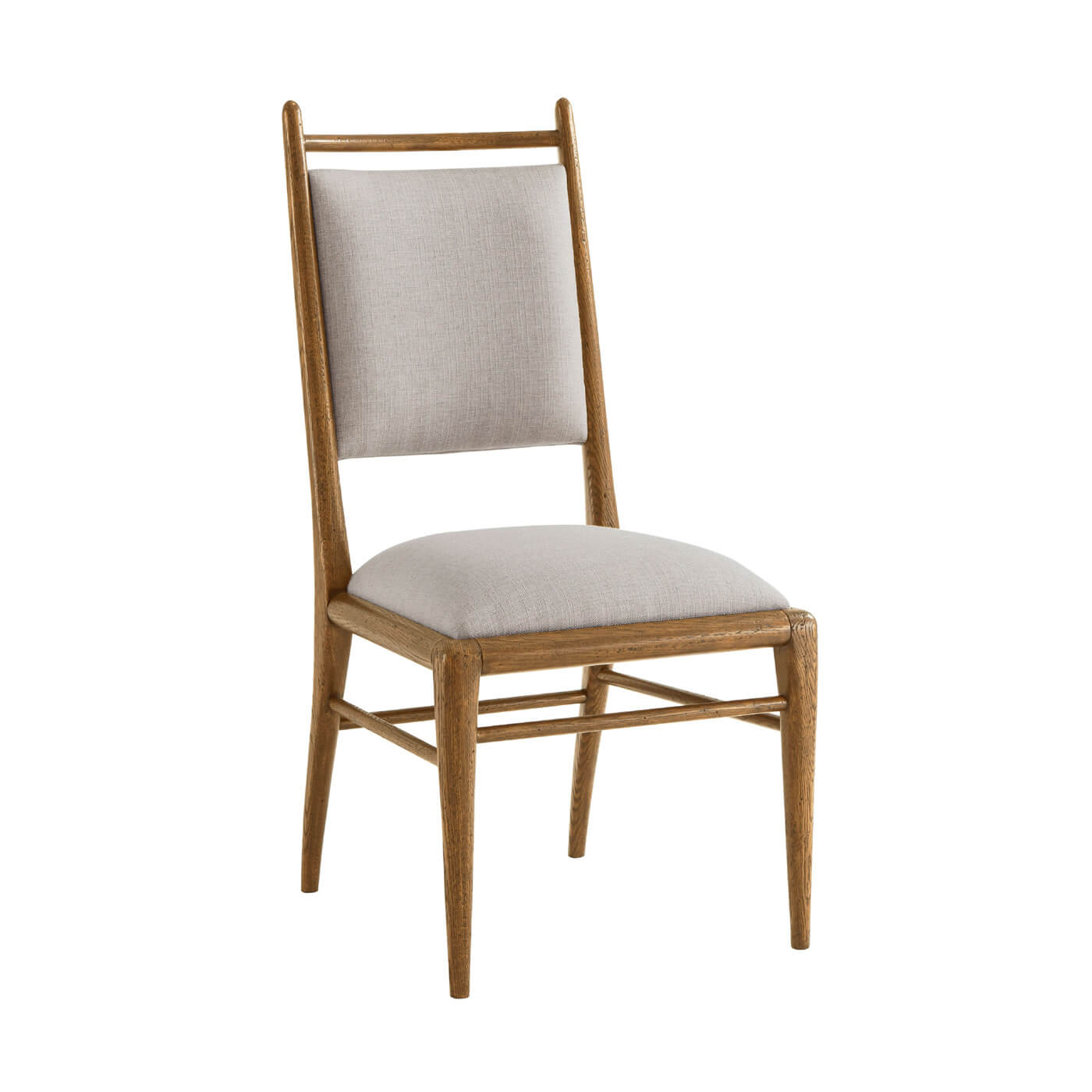 Mid-century oak dining chair angled view.