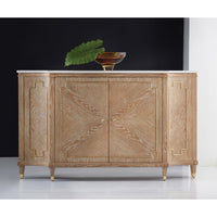Styled Mid Century oak sideboard against dark wall, decor on top.