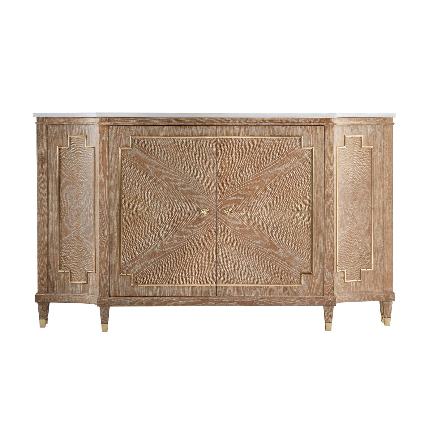 Mid Century oak sideboard, front view with intricate patterns.