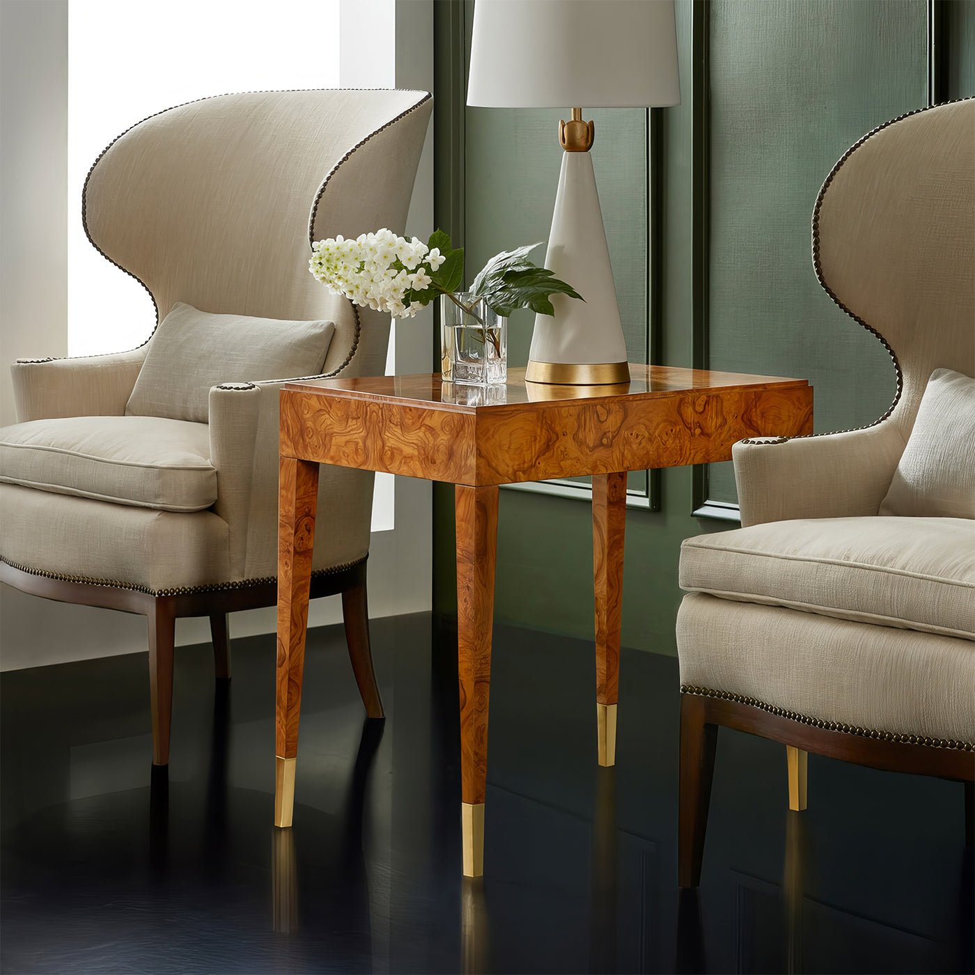 Olive ash burl side table in modern room setting