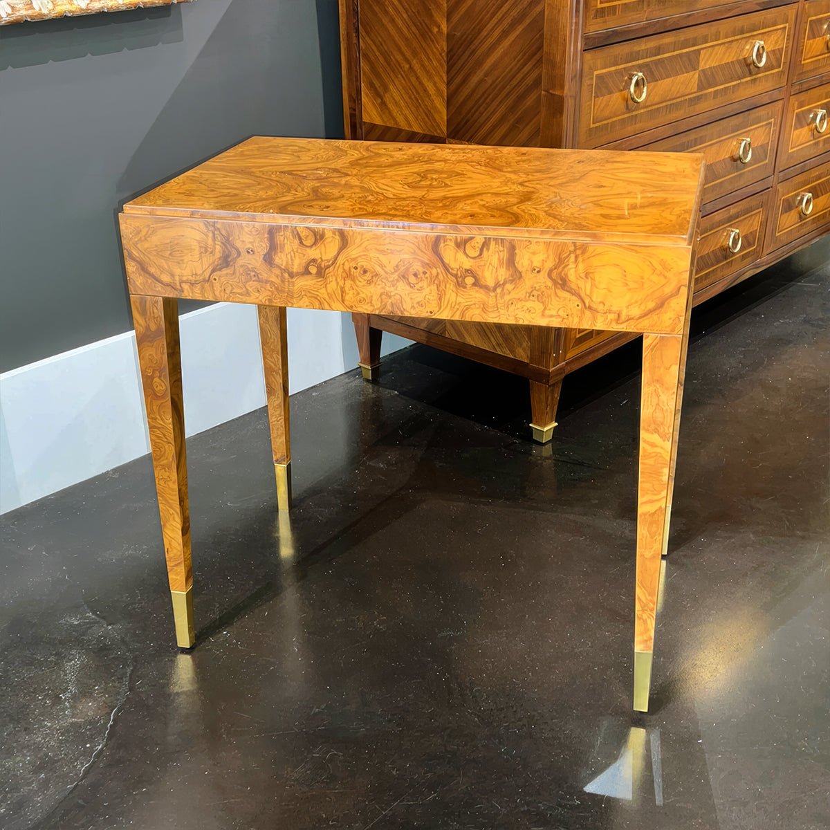 Mid-century olive ash burl side table display