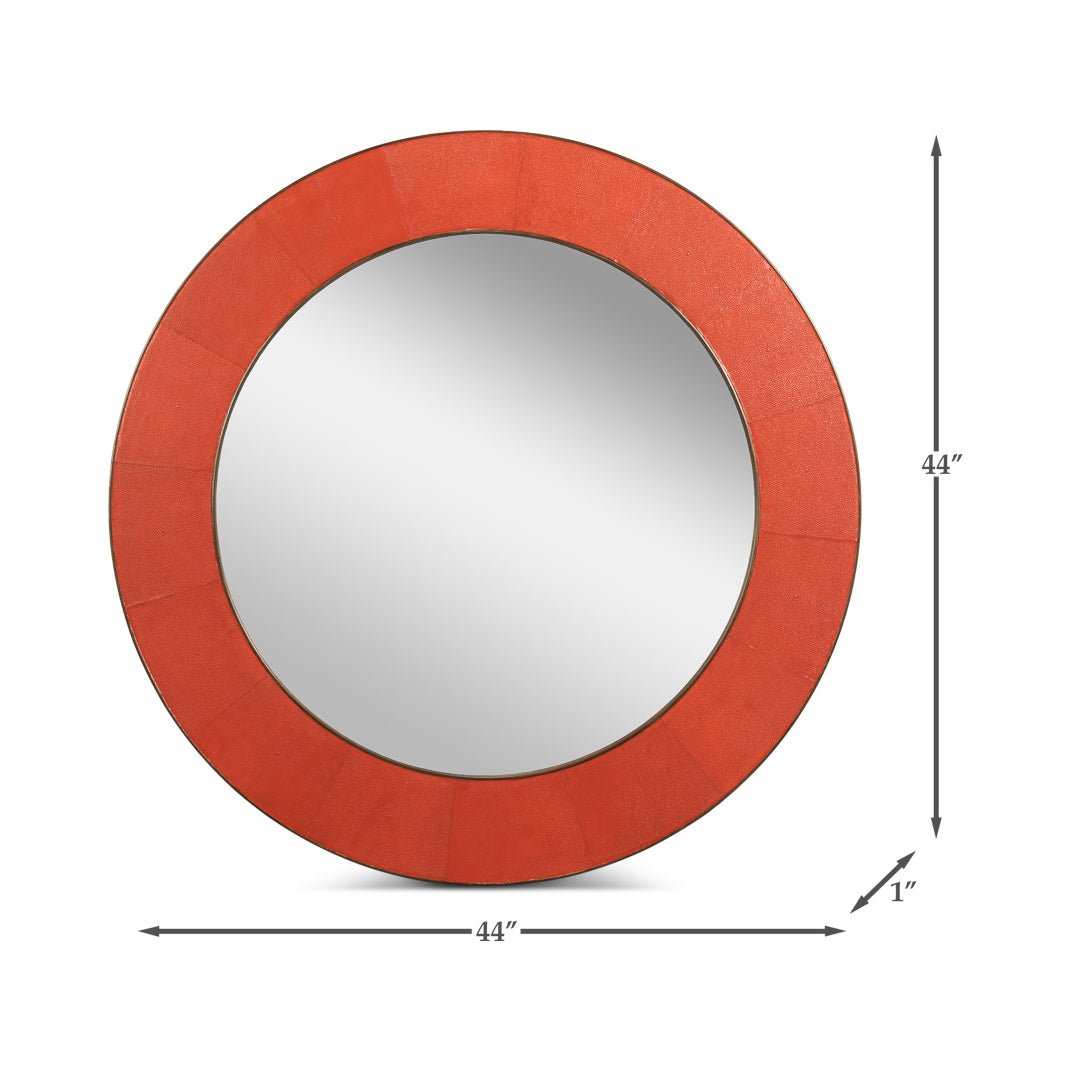 Orange round mirror dimensions: 44 inches diameter, 1 inch depth.