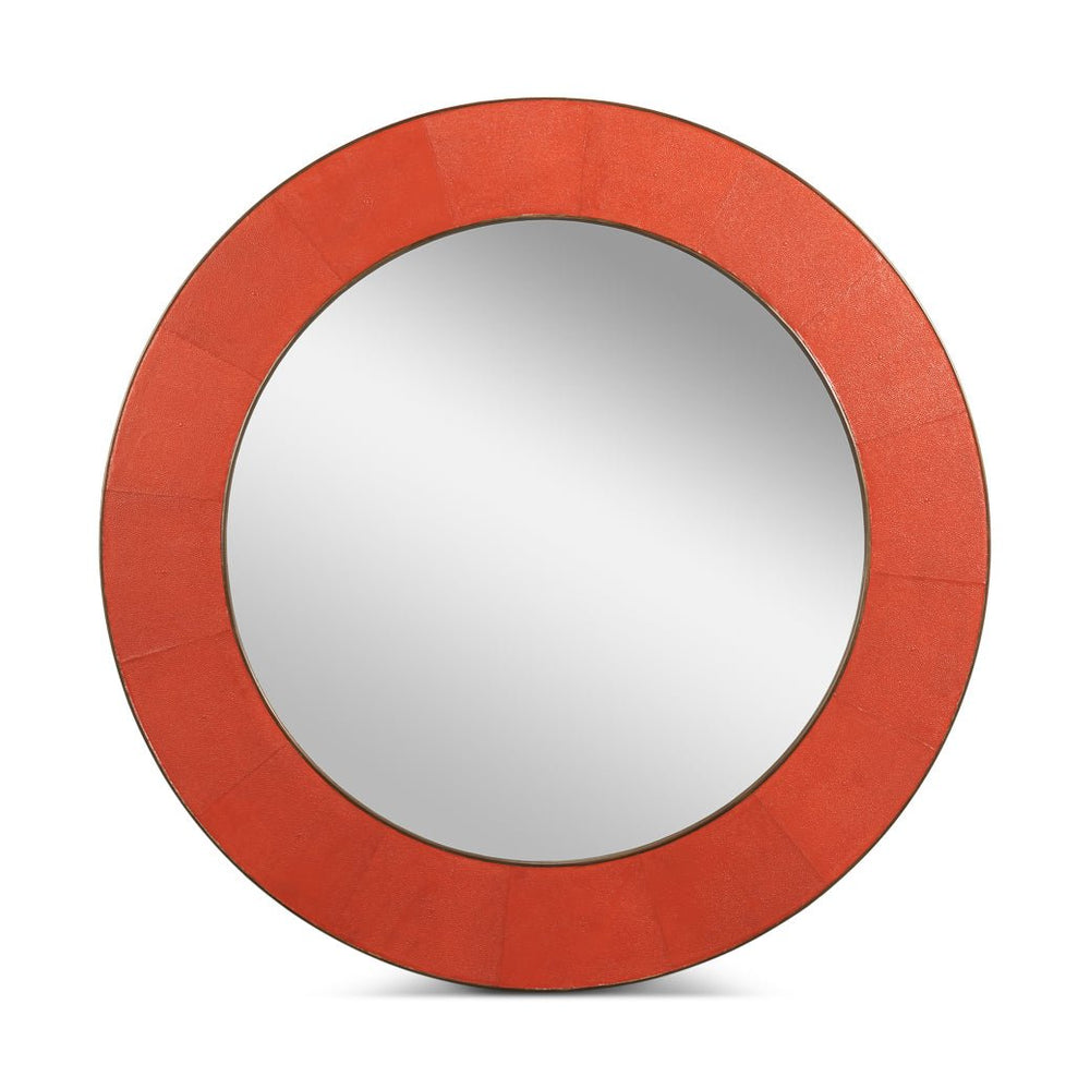 Orange round leather mirror, front view with orange frame.