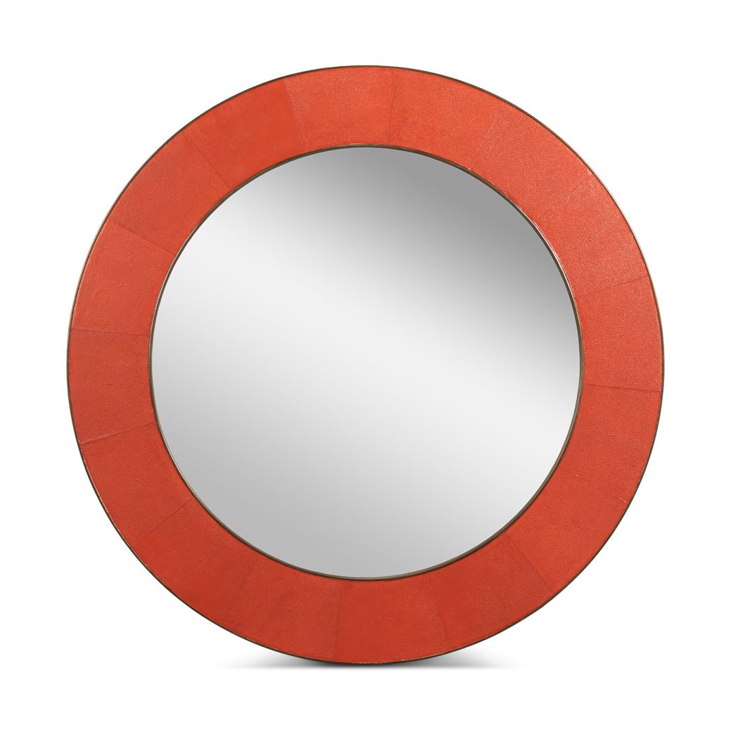 Orange round leather mirror, front view with orange frame.