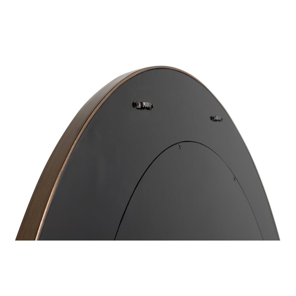 Back view of orange round mirror with mounting hooks.