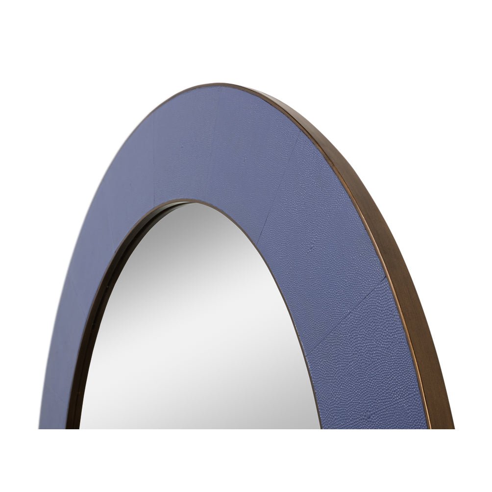 Close-up side view, purple leather mirror frame, detailed.