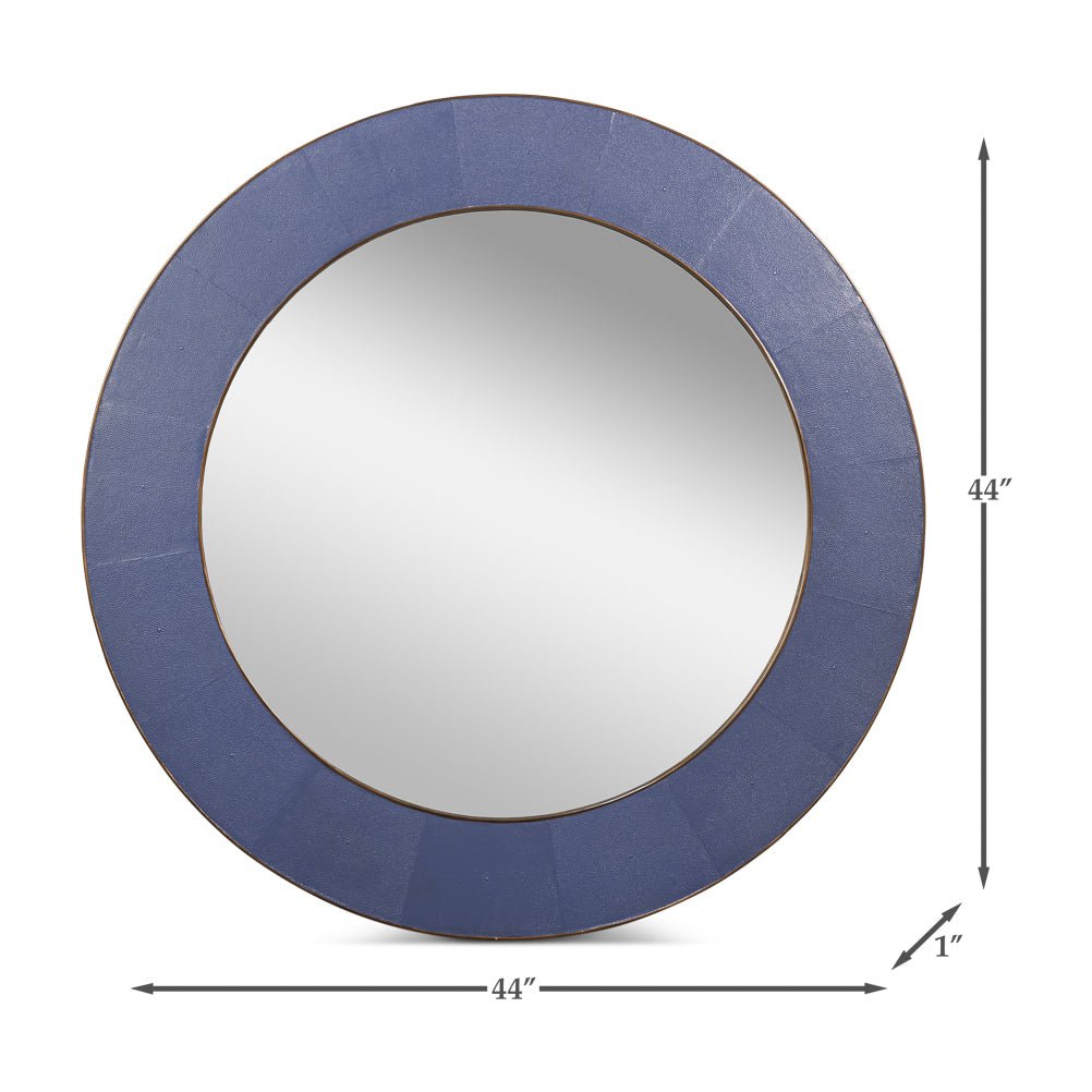Round purple leather mirror, dimensions labeled, 44 inches diameter.