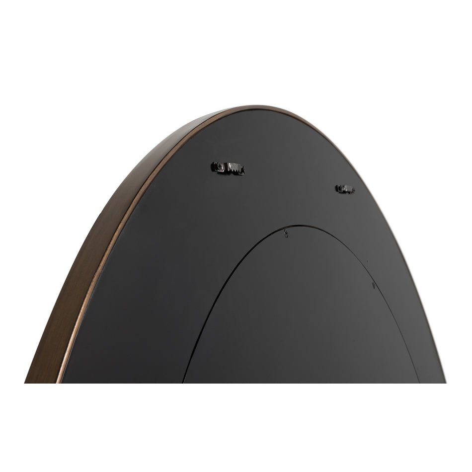 Back view of round purple mirror, hanging hardware visible.