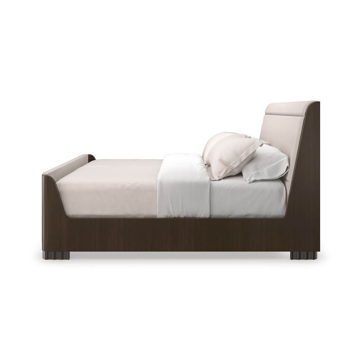 Side view of mid-century queen sleigh bed.