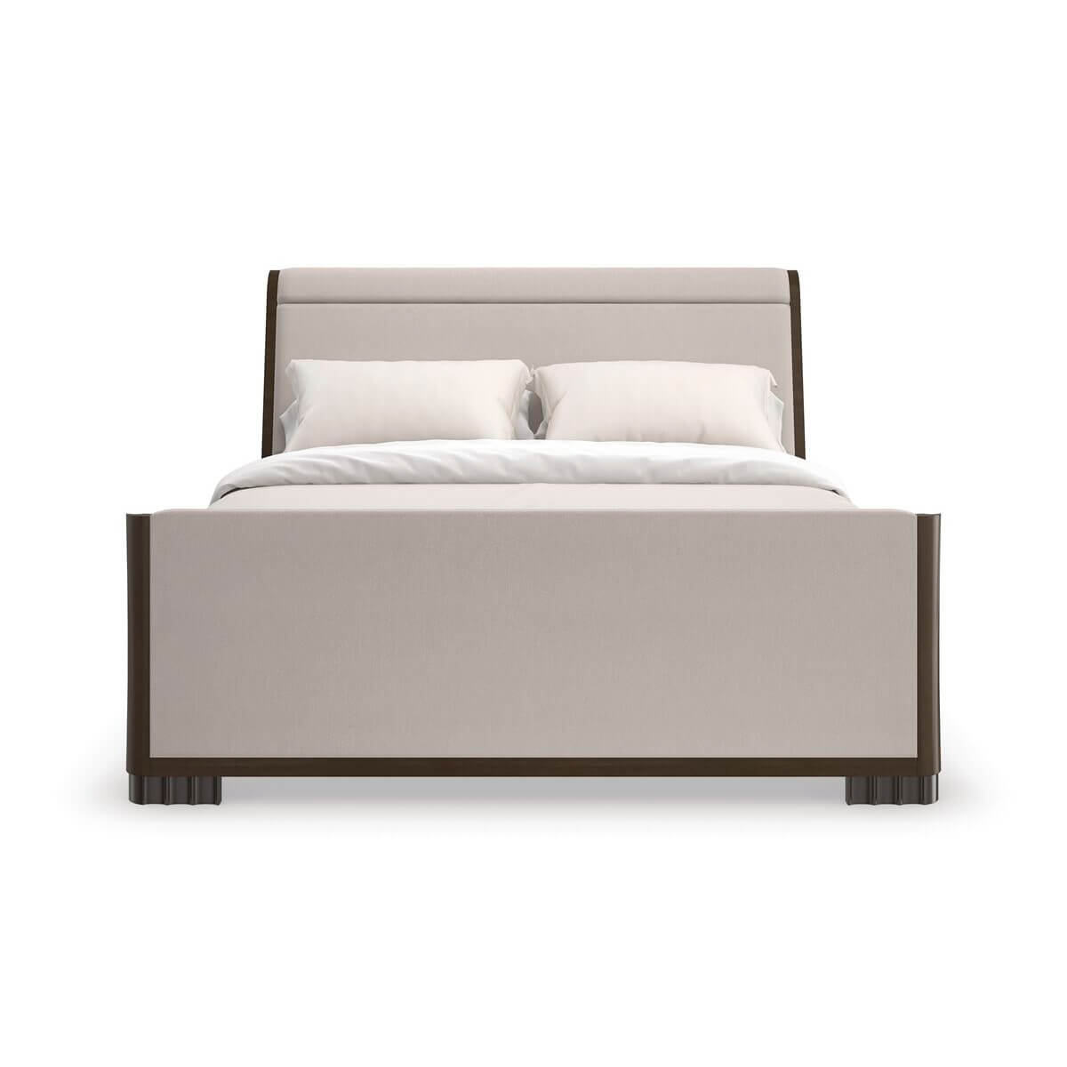 Front view of mid-century queen sleigh bed.