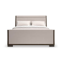 Front view of mid-century queen sleigh bed.