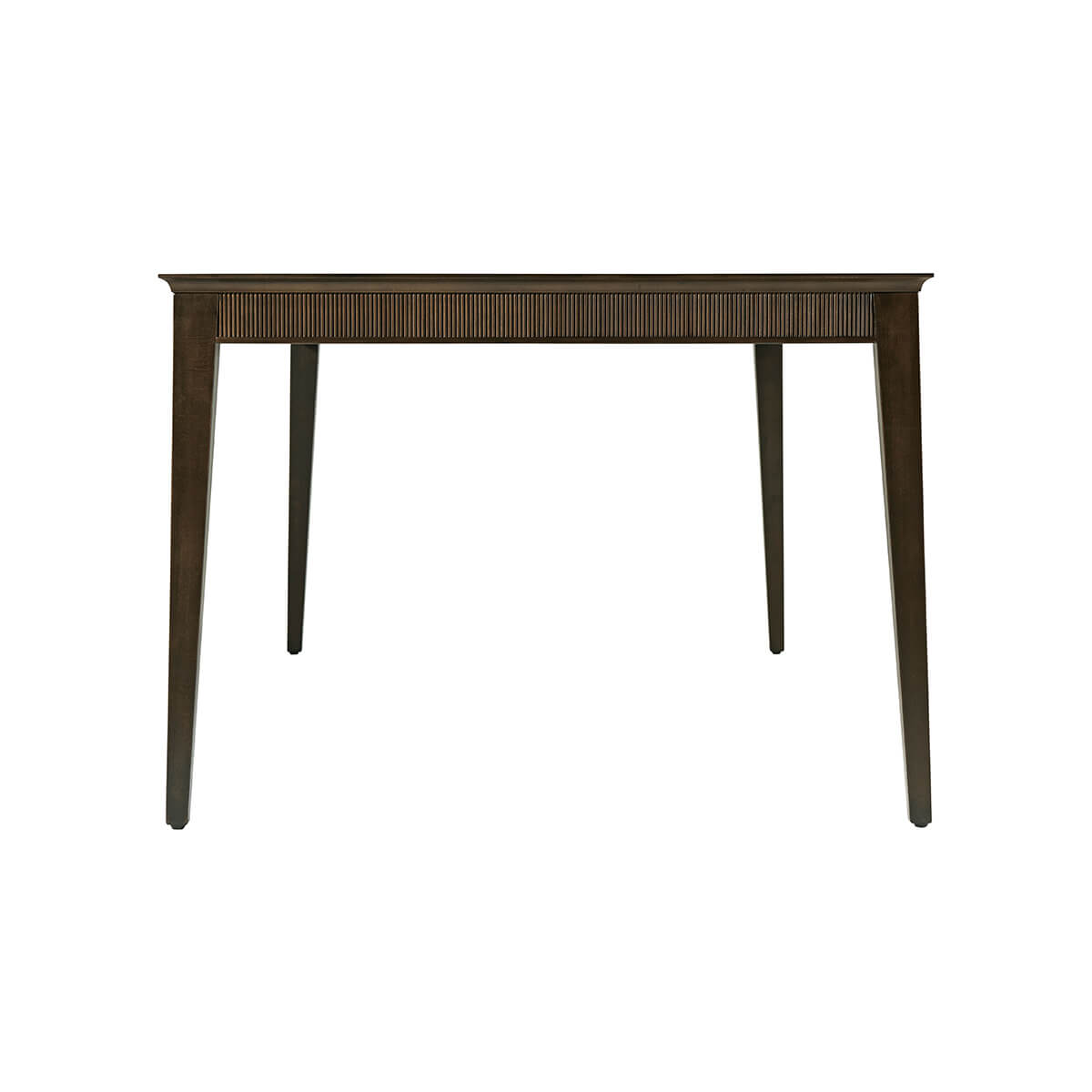 End view of mid-century dining table, tapered legs.