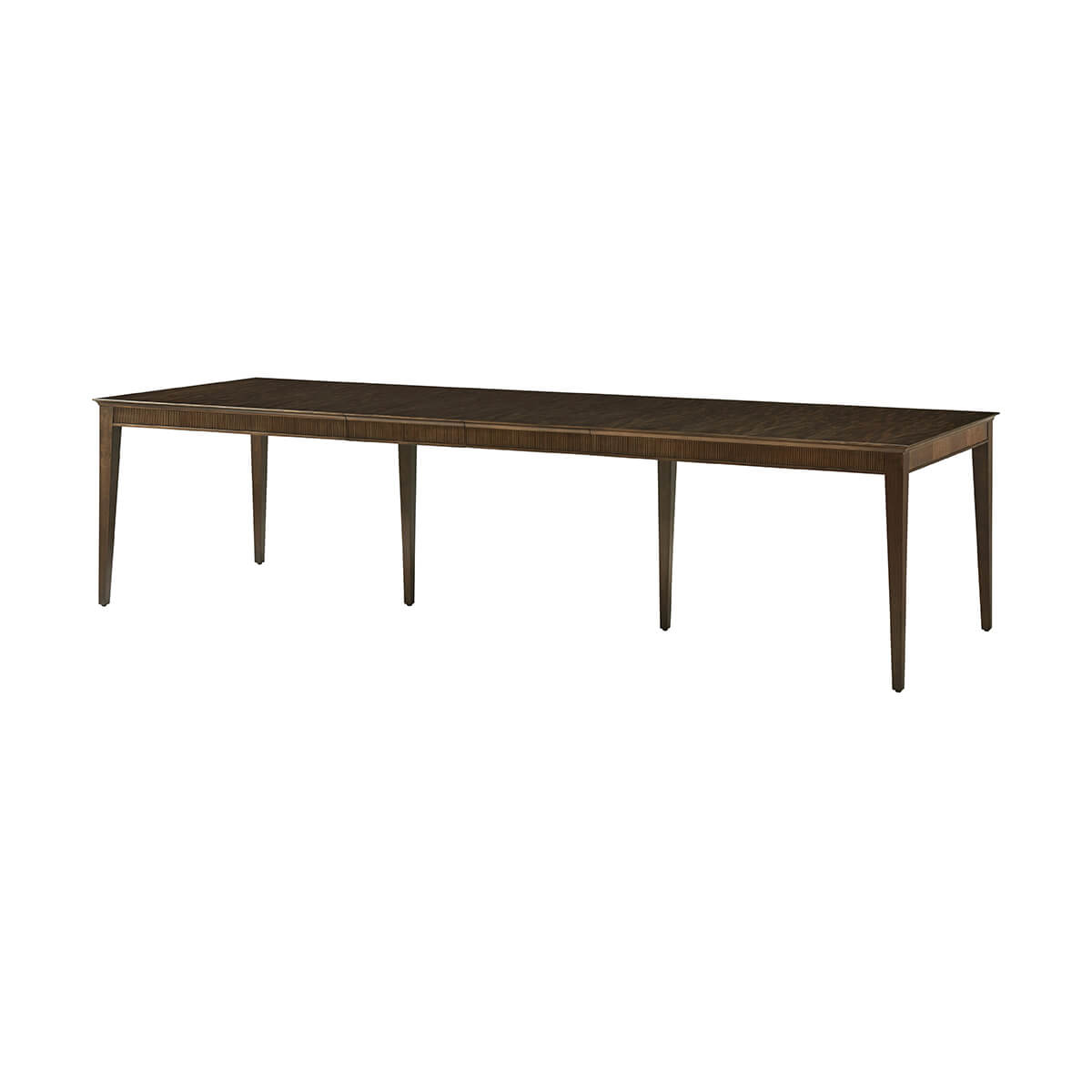 Extended mid-century dining table, side perspective, six legs visible.
