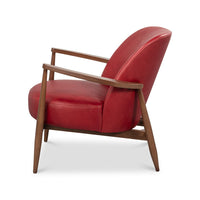 Side view red leather armchair mid-century wooden frame.