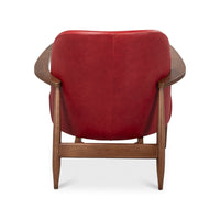 Back view red leather armchair mid-century style.