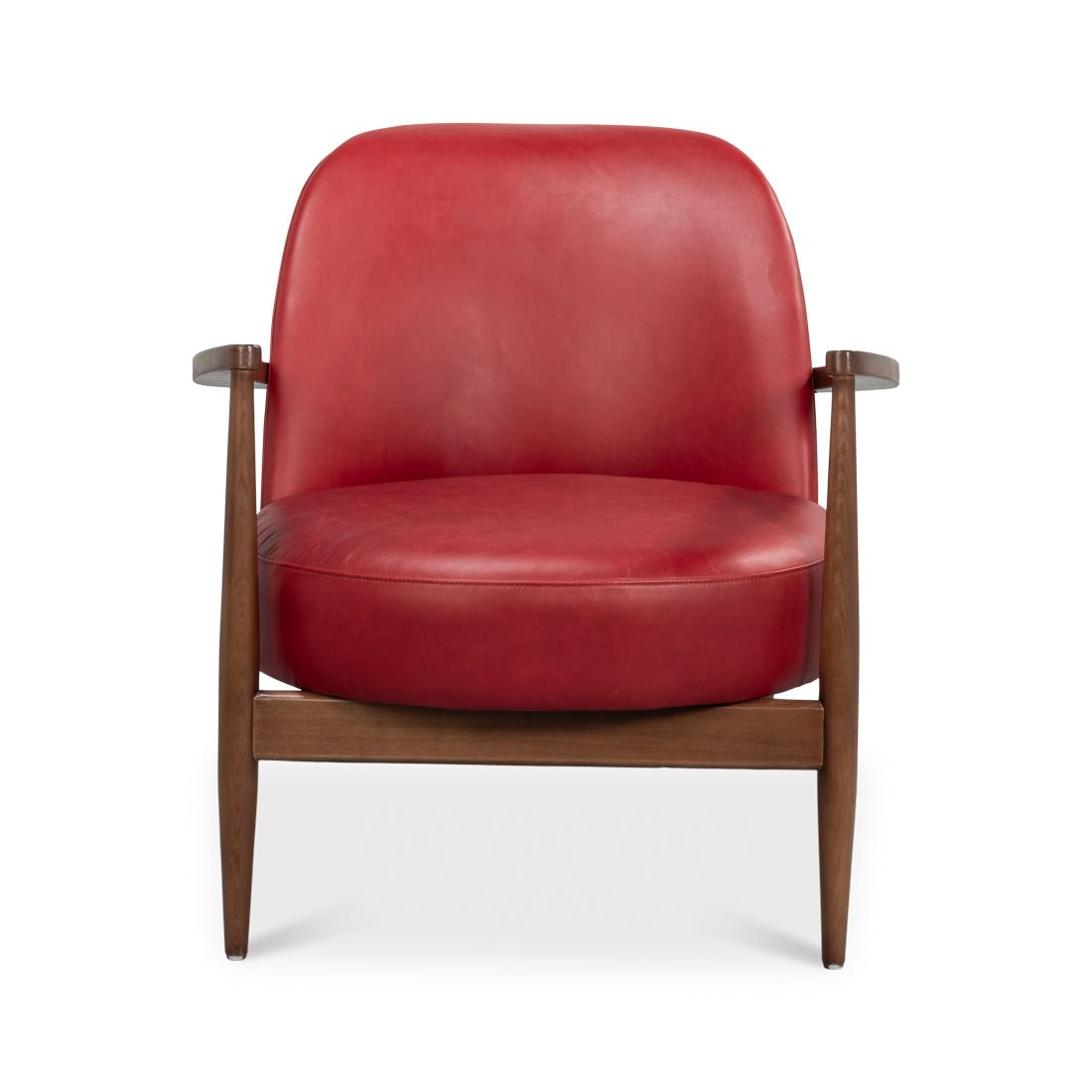 Front close-up red leather armchair mid-century wood arms.