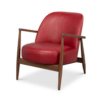 Red leather armchair front view mid-century design.