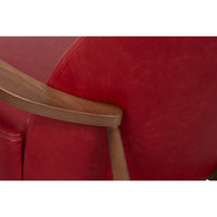 Arm detail red leather armchair mid-century wood finish.