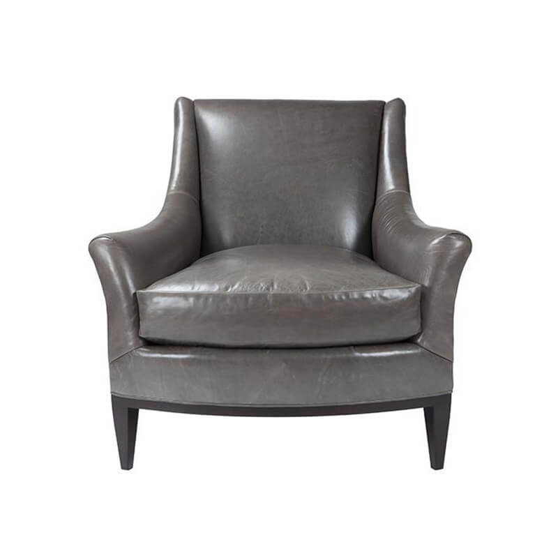 Gray leather armchair front view tight back cushion.