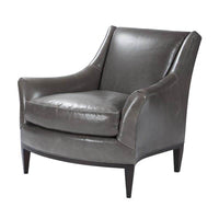 Gray leather armchair angled view mid-century design.