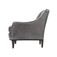 Gray leather armchair side view sleek profile.