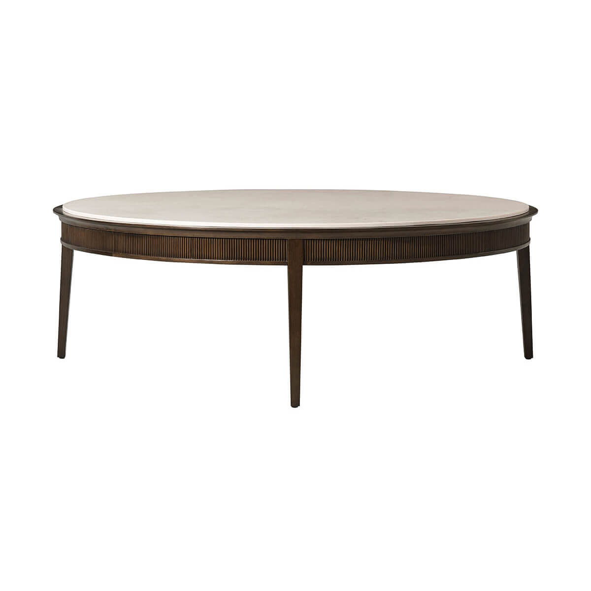 Wooden round cocktail table, side view, marble top.